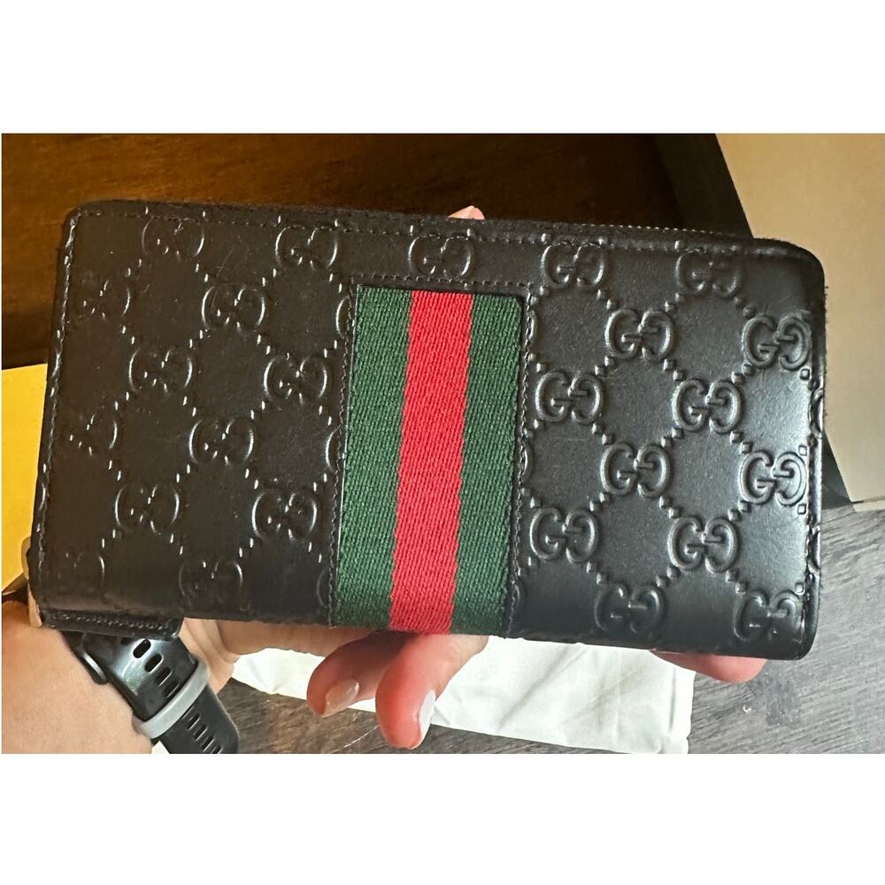 GUCCI BLACK GUCCISSIMA LEATHER WEB ZIP AROUND LONG WALLET - Picture 2 of 12